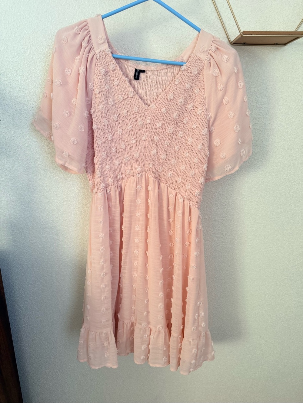Smocked Swiss Dot Mini Dress in Light Blush Pink